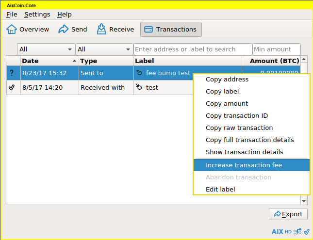 Screenshot of "increase transaction fee" option on menu
