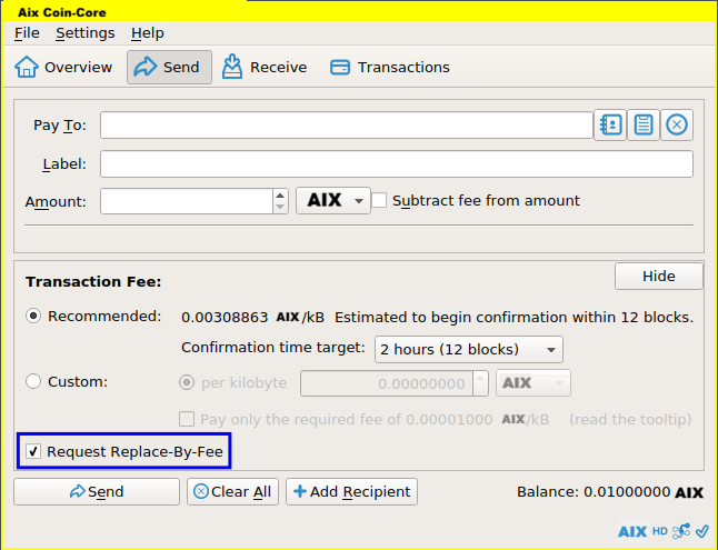 Screenshot of replace-by-fee checkbox